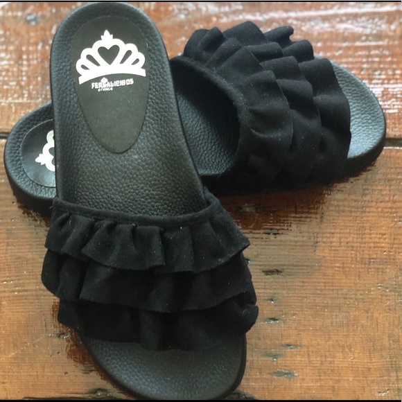 Black ruffle Fergalicious Sandals - Picture 2 of 4